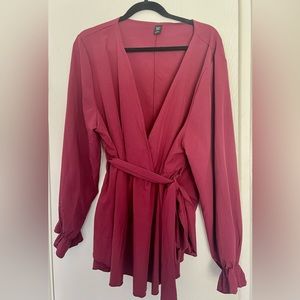 burgundy wrap belted smock blouse